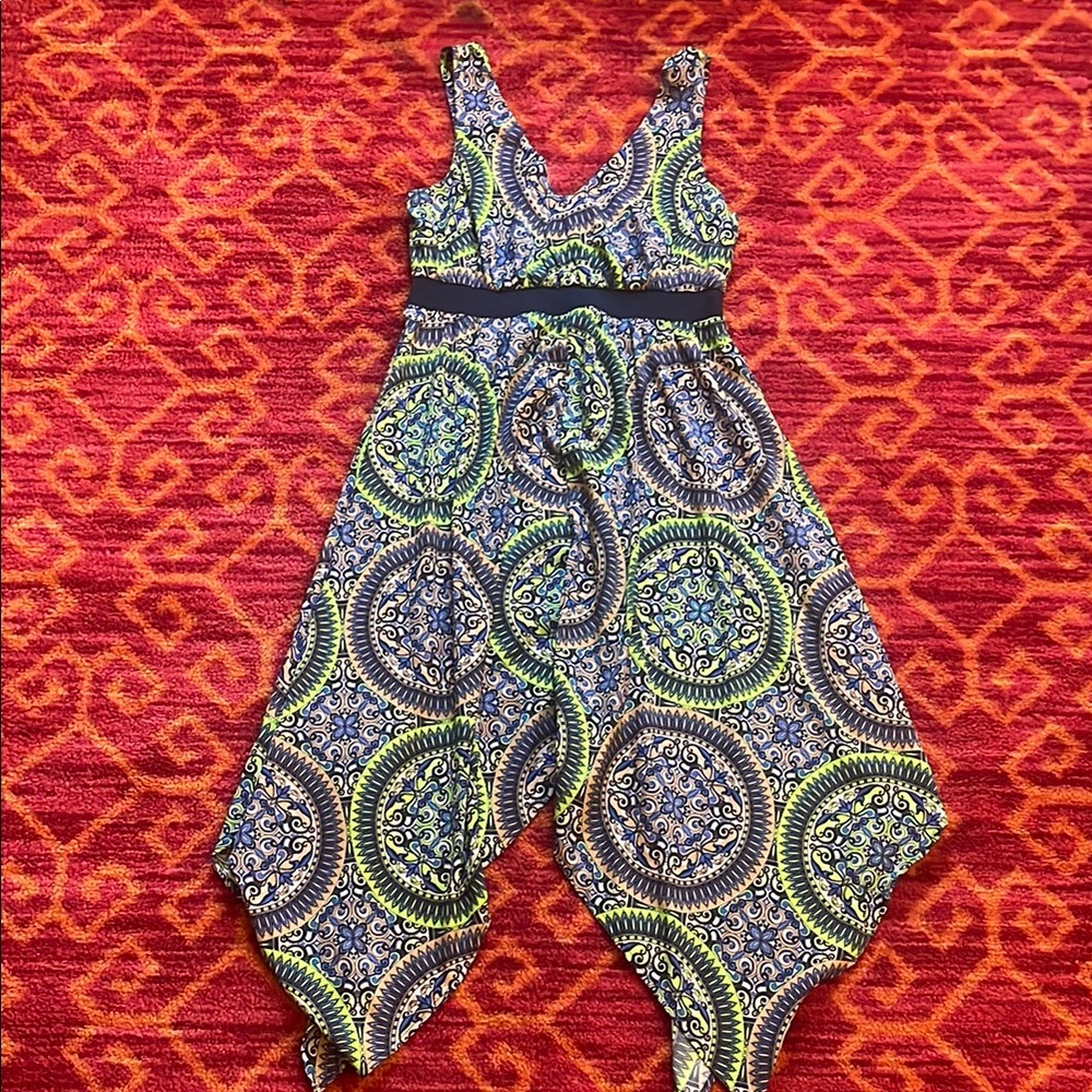 Route 66 Blue and Green Jumpsuit with Handkerchief Hem